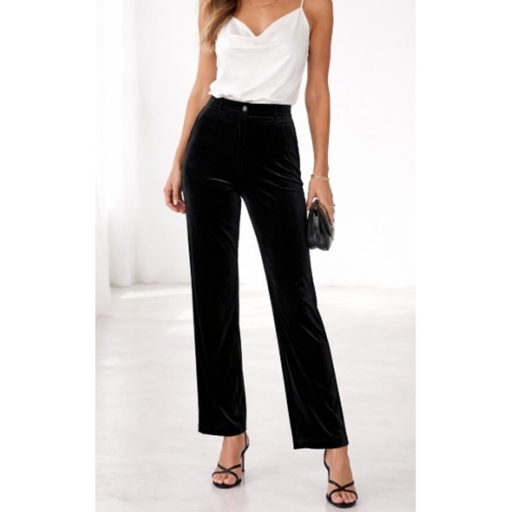 Zara Velvet Pants Womens S Black Straight Leg Luxurious Soft Trouser Retro Chic